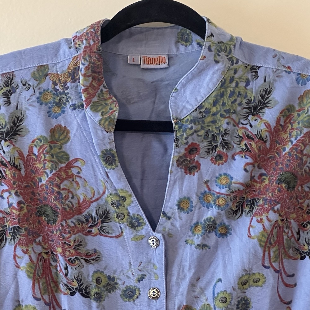 Tianello Blue Floral 3/4 Sleeve Mandarin Collar Button Princess Cut Womens Large - Picture 5 of 16